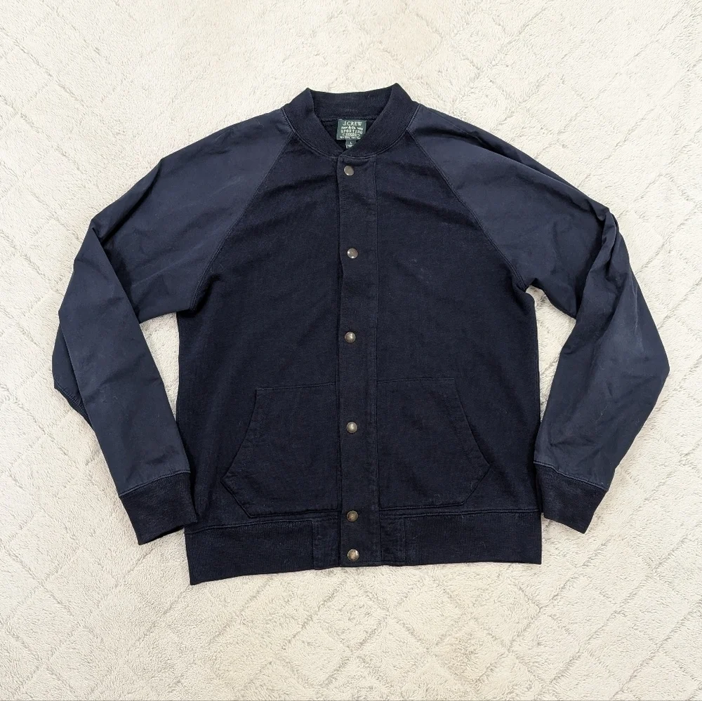 J. Crew Jacket Mens L Blue Navy Bomber Button Snap Varsity Sporting Goods Cotton